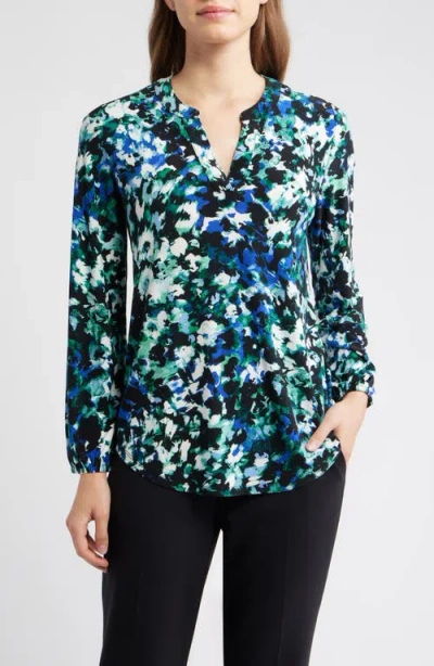 Ak Anne Klein Floral Split Neck Top In Multi