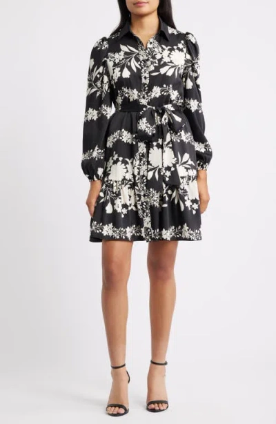 Anne Klein Floral Long Sleeve Tiered Shirtdress In Black