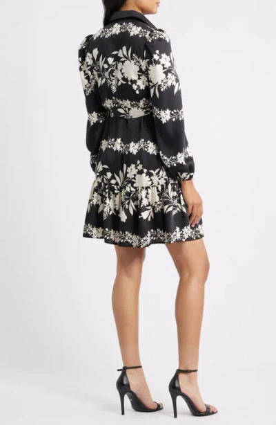 Anne Klein Floral Long Sleeve Tiered Shirtdress In Black