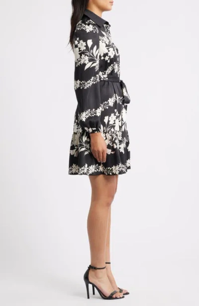 Anne Klein Floral Long Sleeve Tiered Shirtdress In Black