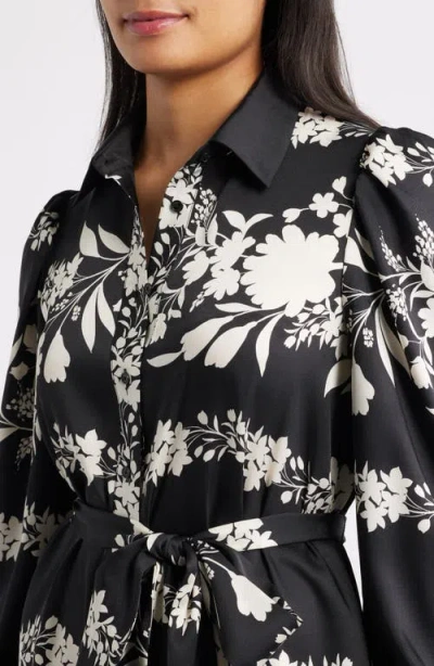 Anne Klein Floral Long Sleeve Tiered Shirtdress In Black