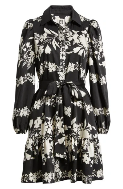 Anne Klein Floral Long Sleeve Tiered Shirtdress In Black