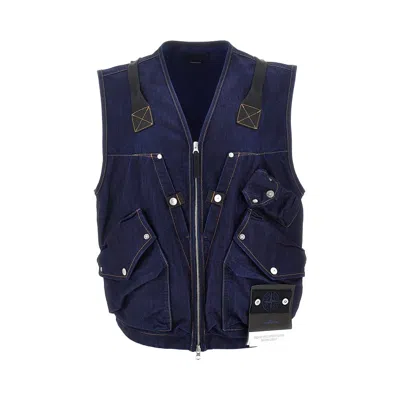 Stone Island Indigo Blue Zip Vest In Cotton Blend