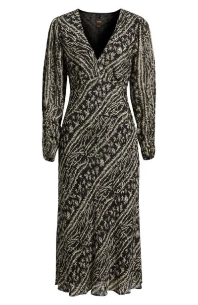 Hugo Boss Boss Orange Dilimi Long Sleeve V-neck Midi Cocktail Dress In Gray