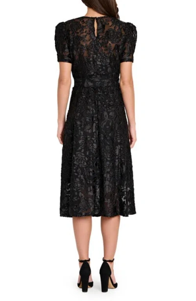 Tahari Asl Floral Burnout Puff Sleeve Midi Dress In Black