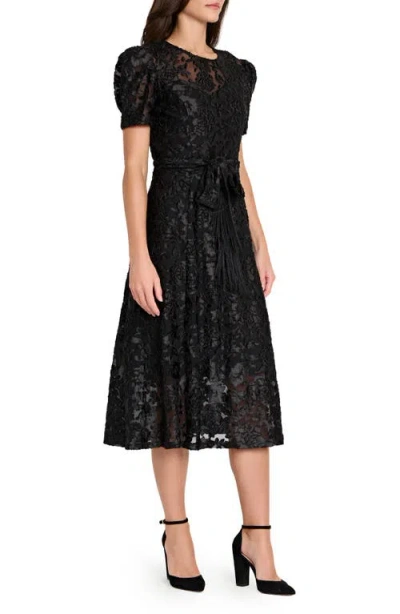 Tahari Asl Floral Burnout Puff Sleeve Midi Dress In Black