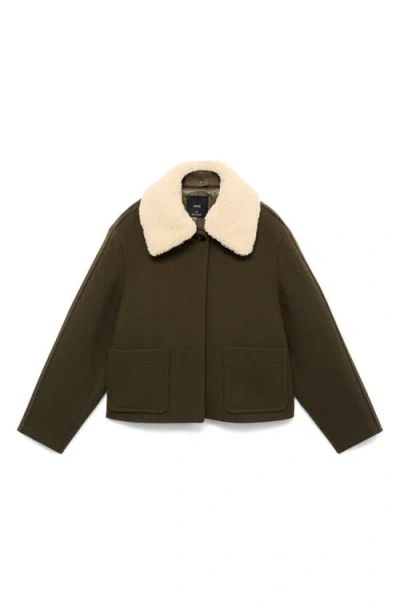 Mango Jacket With Removable Faux Shearling Collar In Green