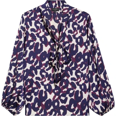 Tahari Asl Leopard Print Bow Neck Satin Top In Blue