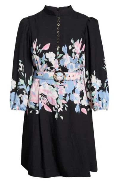 Tahari Asl Print Belted Long Sleeve Dress In Black