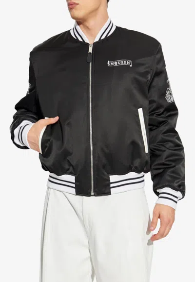 Alexander Mcqueen Rose Embroidery Satin Bomber Jacket In Black