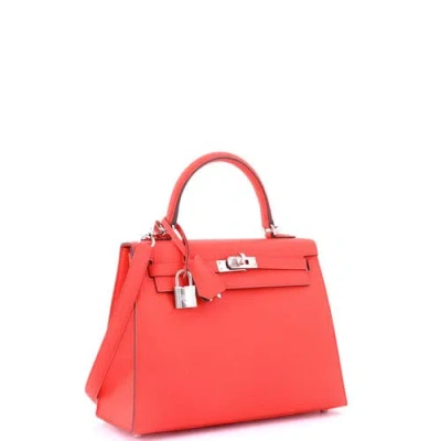 Pre-owned Hermes  Hermes Kelly Handbag Verso Epsom With Palladium Hardware 25 In Red