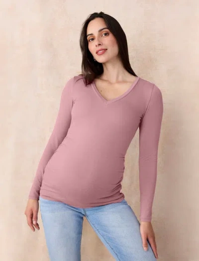 Motherhood Maternity V-neck Side-ruched Maternity Long Sleeve Tee In Pink