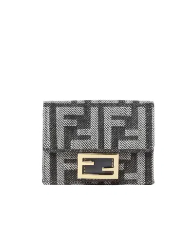 Fendi Micro Baguette Wallet In Jacquard Ff Denim Effect In Black