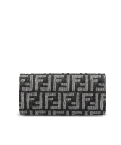 Fendi Denim-effect Ff Jacquard Baguette Continental Wallet With Chain In Multi