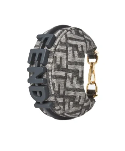 Fendi Nano Graphy Dark Blue Denim-effect Ff Jacquard Charm In Black
