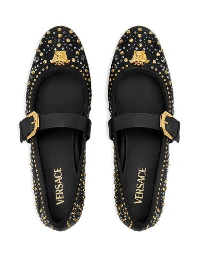 Versace Black Ballerinas With Studs Application And Buckle Closure In Leather Woman In Black