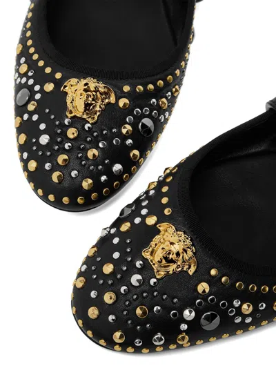 Versace Black Ballerinas With Studs Application And Buckle Closure In Leather Woman In Black
