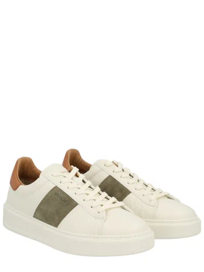 Woolrich Low-top Sneakers With Olive Suede Accents And Tan Leather Detailing In White