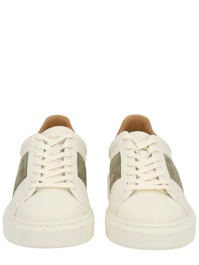 Woolrich Low-top Sneakers With Olive Suede Accents And Tan Leather Detailing In White