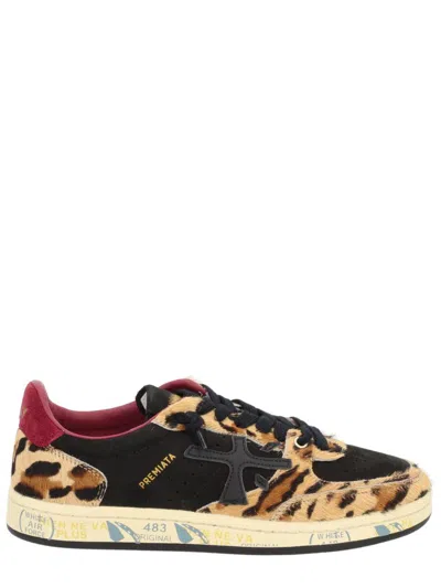 Premiata Leopard Print Low-top Sneakers With Black Suede Overlays In Multi