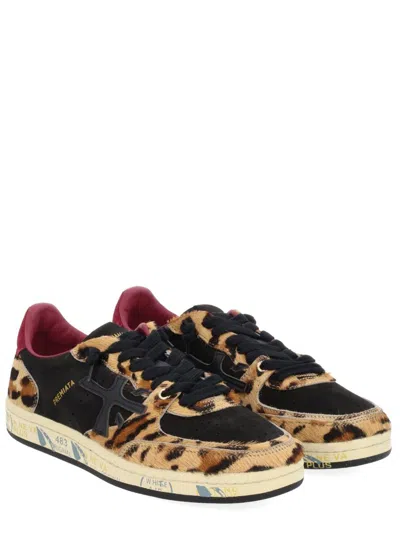 Premiata Leopard Print Low-top Sneakers With Black Suede Overlays In Multi