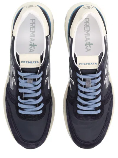 Premiata Layered White And Grey Sneakers With Sculpted Sole In Blue