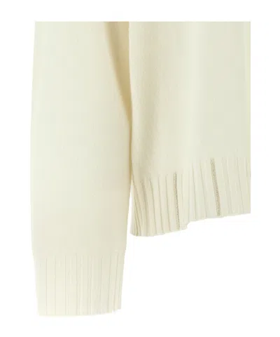 Fabiana Filippi Platinum V Neck Sweater With Filo Diamante Trim Detail In White