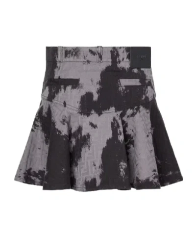 Fendi Black Ff Animalier Denim Skirt In Gray