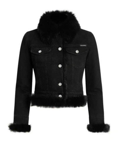 Dolce & Gabbana Cropped Denim Jacket Fur Cuffs In Black