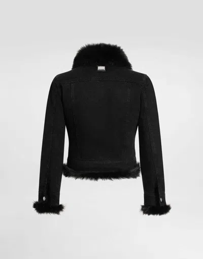 Dolce & Gabbana Cropped Denim Jacket Fur Cuffs In Black