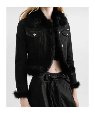 Dolce & Gabbana Cropped Denim Jacket Fur Cuffs In Black
