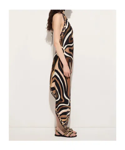 Pucci Marmo Asymmetric Printed Silk-twill Halterneck Dress In Multi