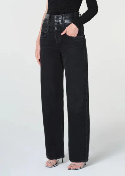 Agolde Elson Black Jeans With Double-layered Waist And Leather Details In Denim Woman