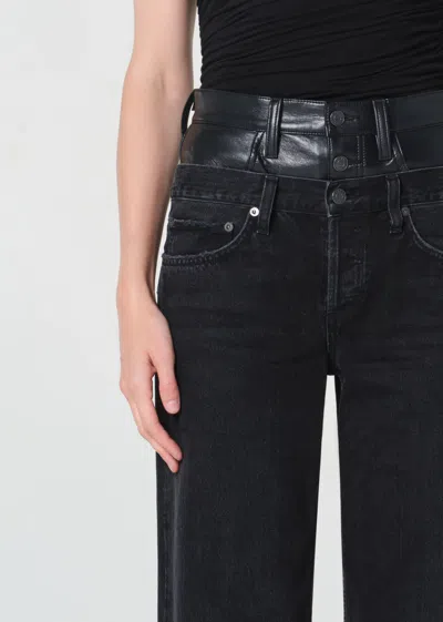 Agolde Elson Black Jeans With Double-layered Waist And Leather Details In Denim Woman