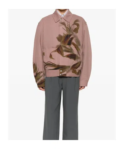 Dries Van Noten Abstract Print Collared Jacket Front Pockets In Pink