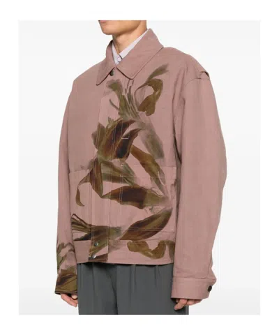Dries Van Noten Abstract Print Collared Jacket Front Pockets In Pink