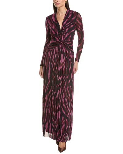 Anne Klein Abstract Print Twist Front Long Sleeve Mesh Maxi Dress In Purple