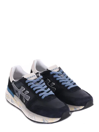 Premiata Layered White And Grey Sneakers With Sculpted Sole In Blue