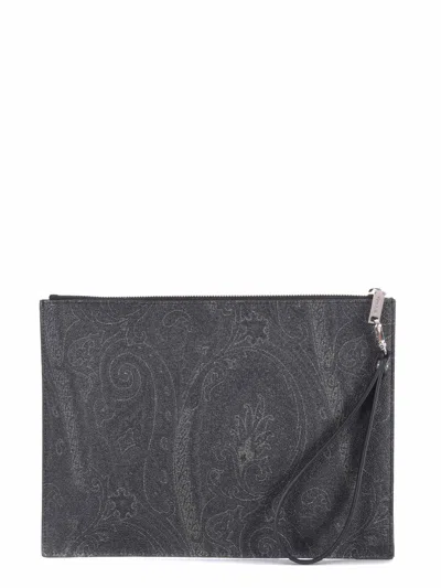 Etro Clutch Bag In Coated Cotton Canvas In Gray