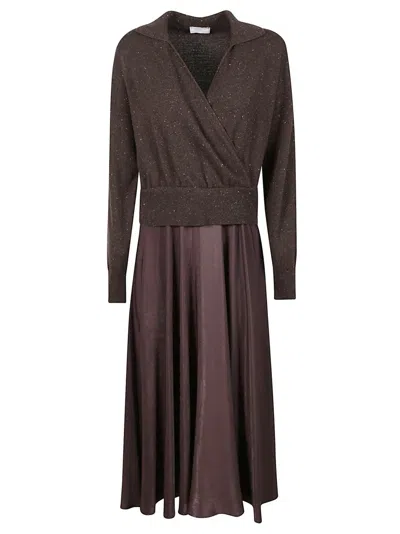 Peserico Mixed-material Long Dress With Knit Bodice In Brown