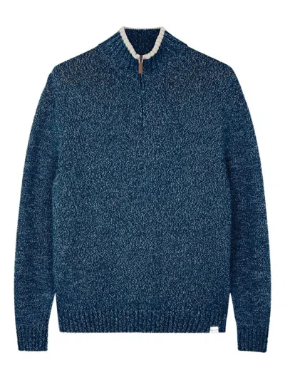Paul & Shark Textured Knit Turtleneck Sweater With Half-zip Closure In Blue