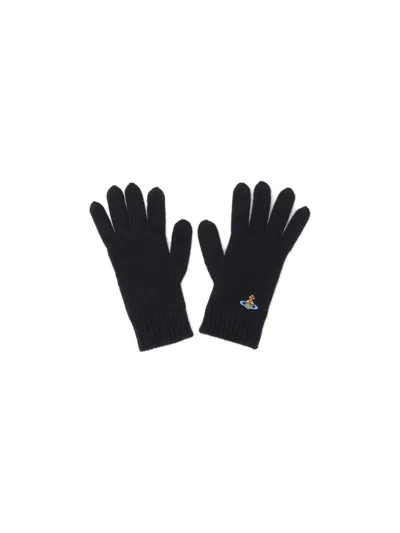 Vivienne Westwood Black Gloves With Orb Logo Embroidered On The Front In Wool Blend Unisex In Black
