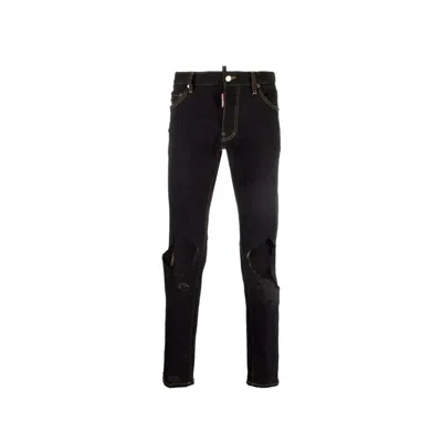 Dsquared2 Slim-fit Black Denim Jeans With Distressed Details In Black