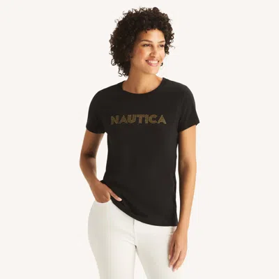 Nautica Womens Heritage Logo Glitter Graphic T-shirt In Black
