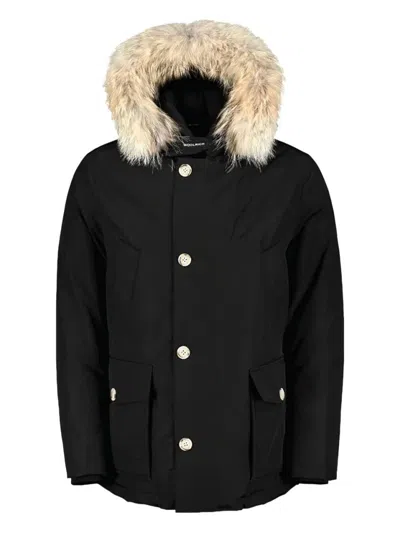 Woolrich Insulated Black Parka With Beige Fur Trim In Black