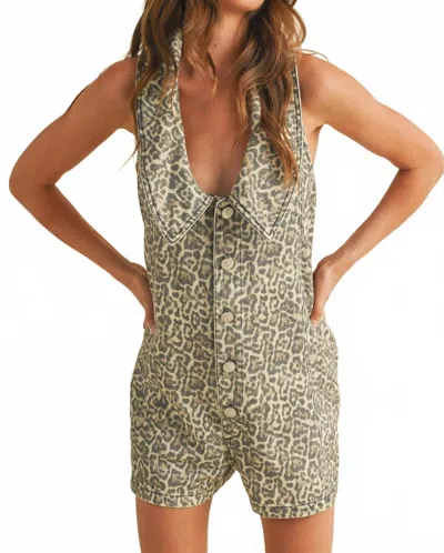 Klesis Collared Denim Romper In Leopard Print In Green