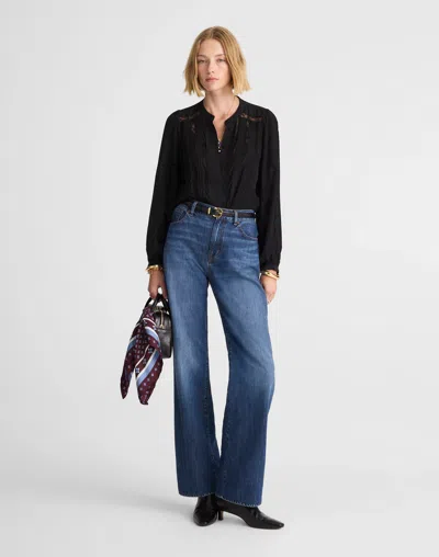 Madewell Lace-insert Button-up Long-sleeve Top In Black