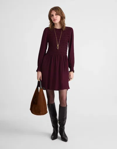 Madewell Long-sleeve Smocked Mini Dress In Burgundy