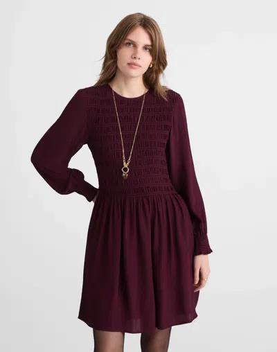 Madewell Long-sleeve Smocked Mini Dress In Burgundy