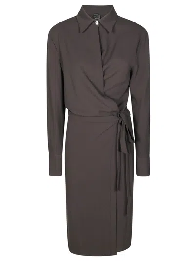 Pinko Fluid Crepe Midi Dress With Belted Waist In Gray